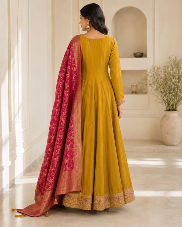Mustard Rose Banarasi Anarkali Set thumbnail 6