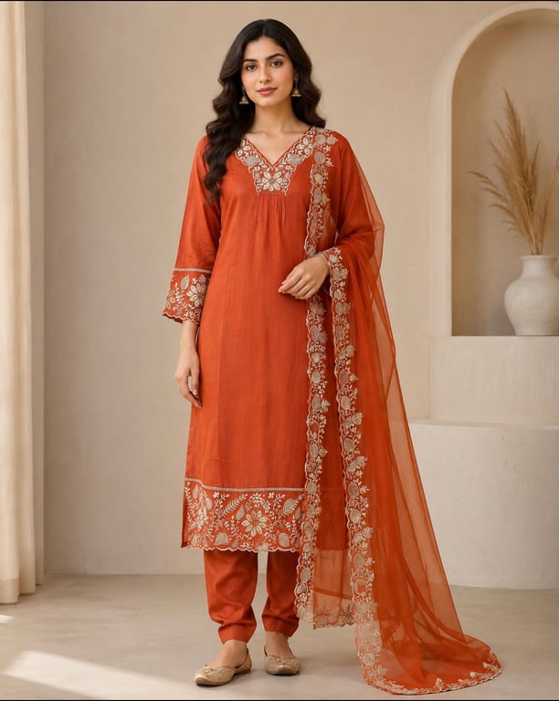 Burnt Sienna Embroidered Kurta Set
