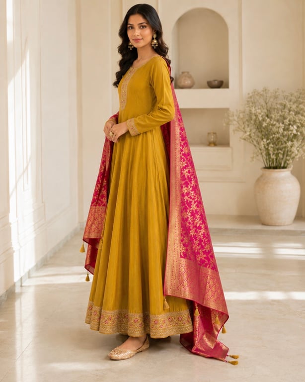 Mustard Rose Banarasi Anarkali Set thumbnail 4