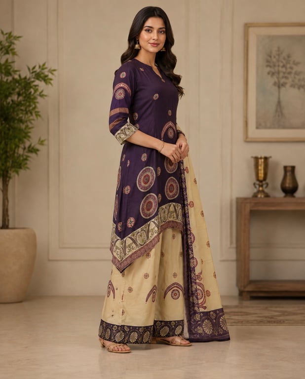 Heritage Medallion Asymmetric Kurta Palazzo Set thumbnail 3