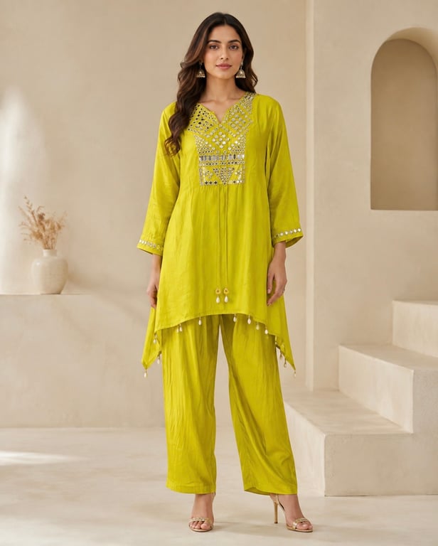 Lime Mirrorwork Asymmetric Kurta Set