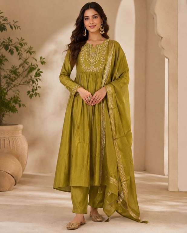 Olive Zari Embroidered Anarkali Set