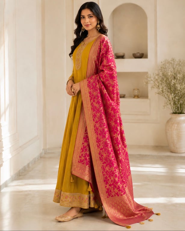 Mustard Rose Banarasi Anarkali Set thumbnail 2