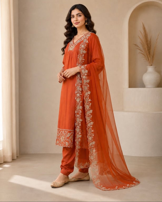 Burnt Sienna Embroidered Kurta Set thumbnail 5