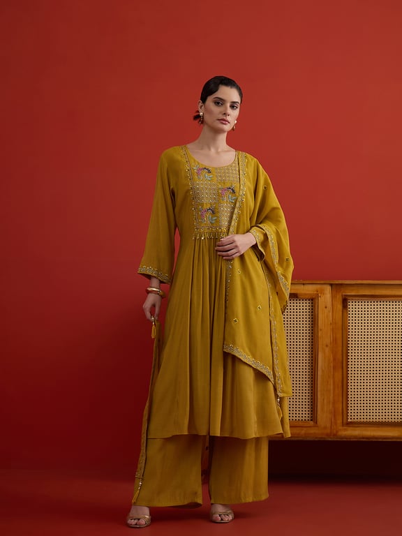 Floral Yoke Flared Suit Set-L