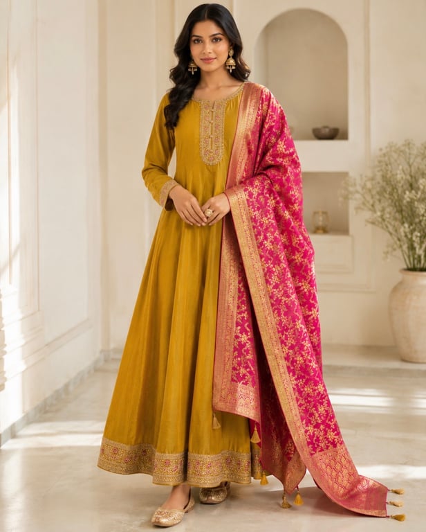 Mustard Rose Banarasi Anarkali Set