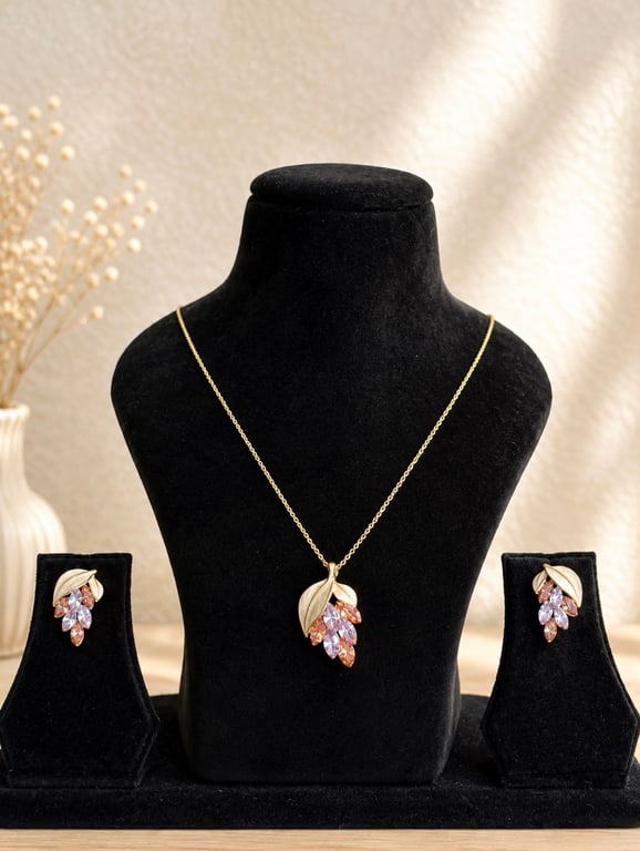 Blush Crystal Leaf Pendant Necklace Set