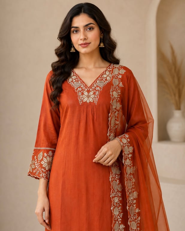 Burnt Sienna Embroidered Kurta Set thumbnail 3