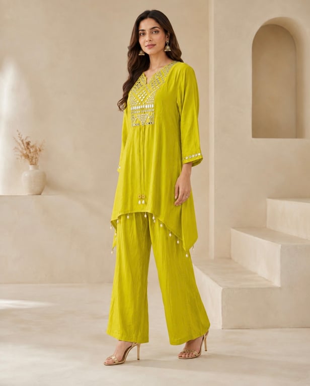Lime Mirrorwork Asymmetric Kurta Set thumbnail 3