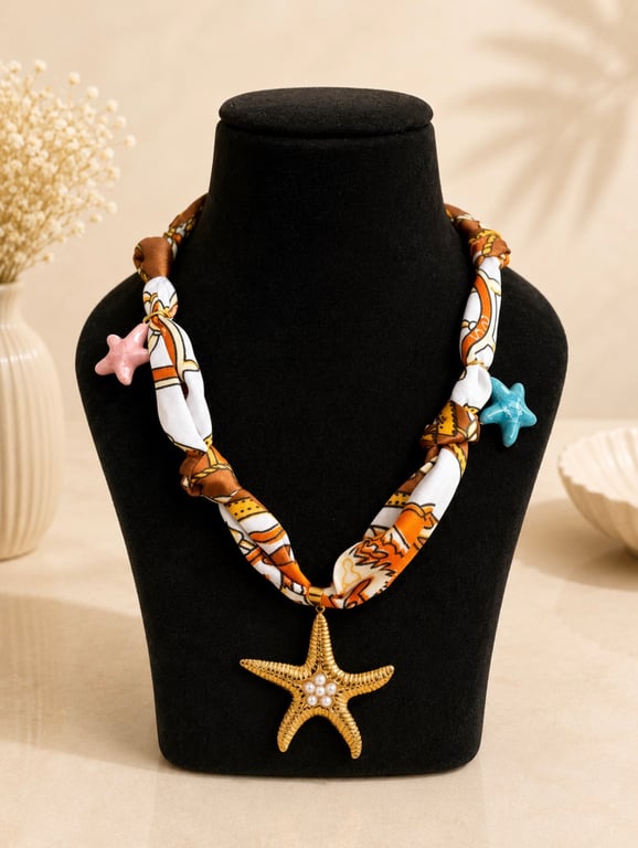 Printed Scarf Necklace with Starfish Pendant
