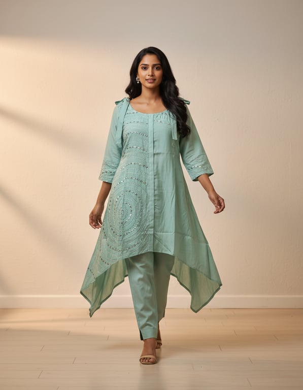 Mirror Embellished Asymmetric Kurta Pant Set