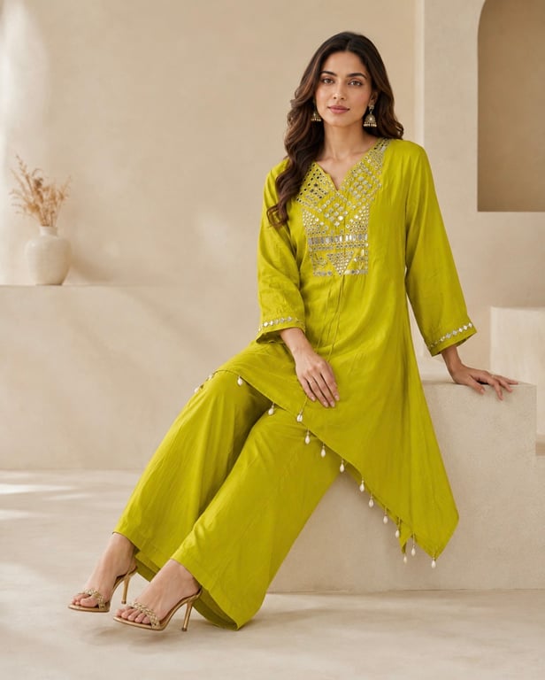 Lime Mirrorwork Asymmetric Kurta Set thumbnail 5