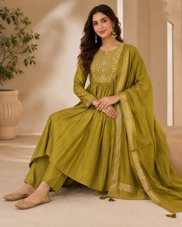 Olive Zari Embroidered Anarkali Set thumbnail 4
