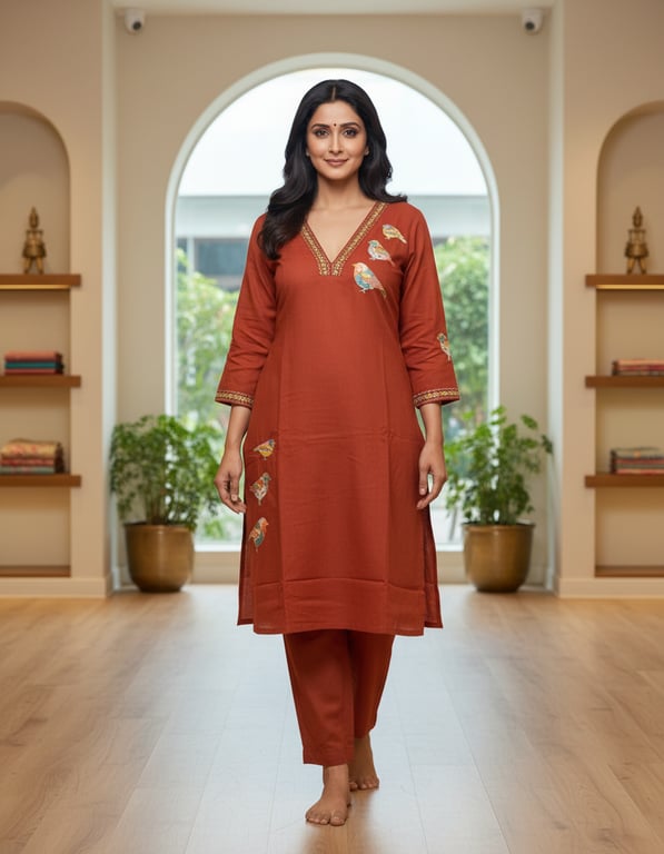 Bird Motif Embroidered Kurta Pant Set