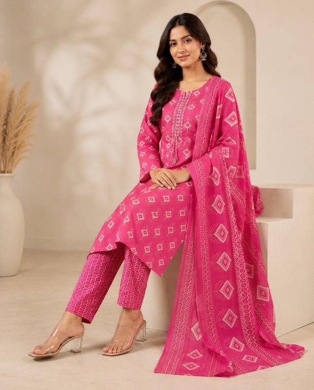 Geometric Motif Kurta Pant Dupatta Set thumbnail 3