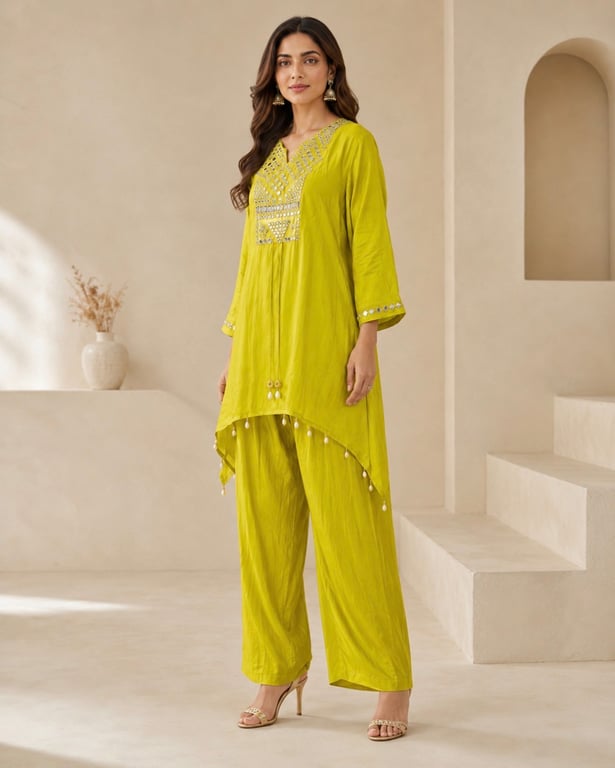 Lime Mirrorwork Asymmetric Kurta Set thumbnail 2
