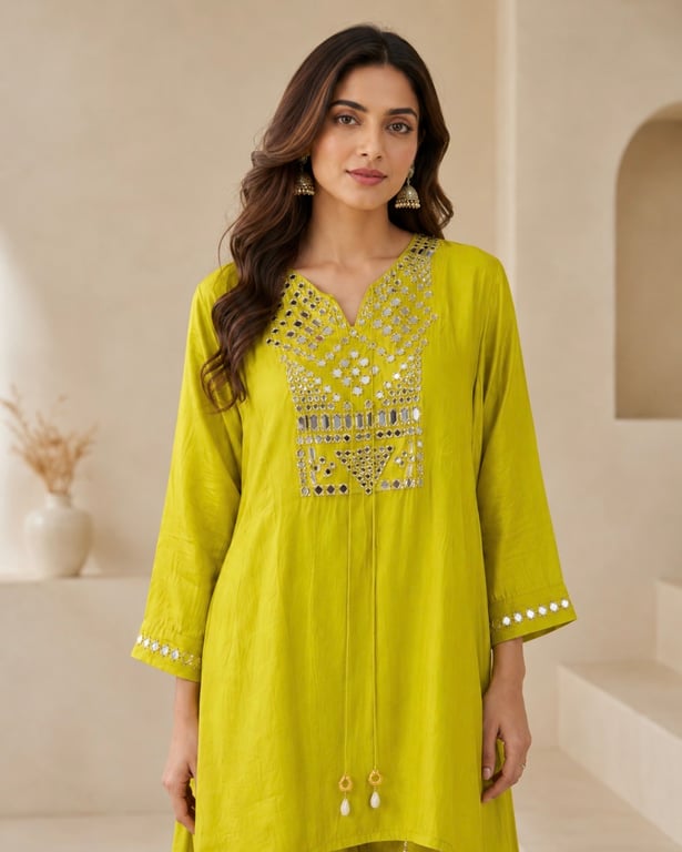 Lime Mirrorwork Asymmetric Kurta Set thumbnail 4