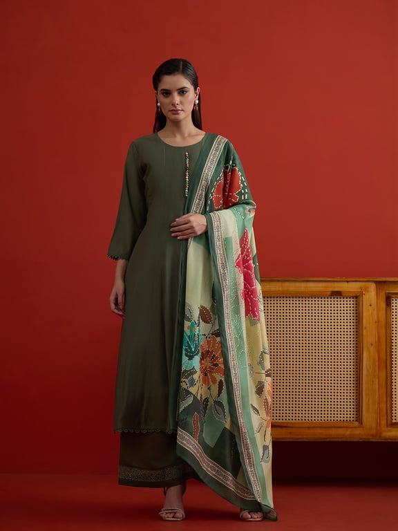 Olive Heritage Floral Dupatta Kurta Set