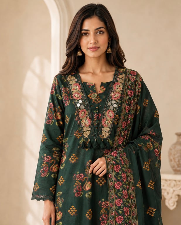 Emerald Floral Heritage Kurta Set thumbnail 3