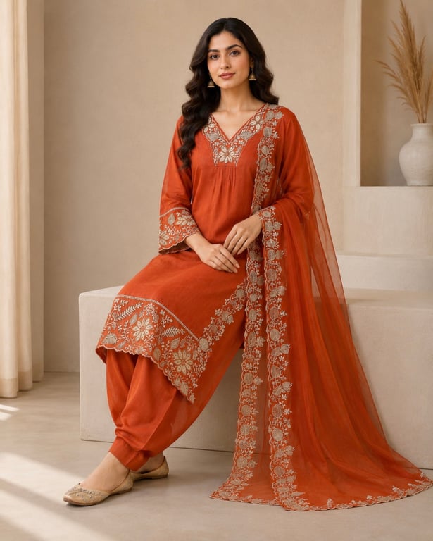 Burnt Sienna Embroidered Kurta Set thumbnail 2