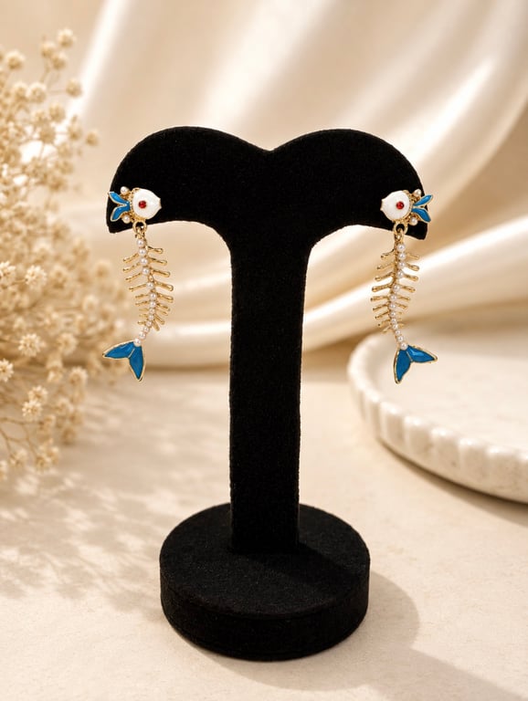 Blue Fish Skeleton Drop Earrings