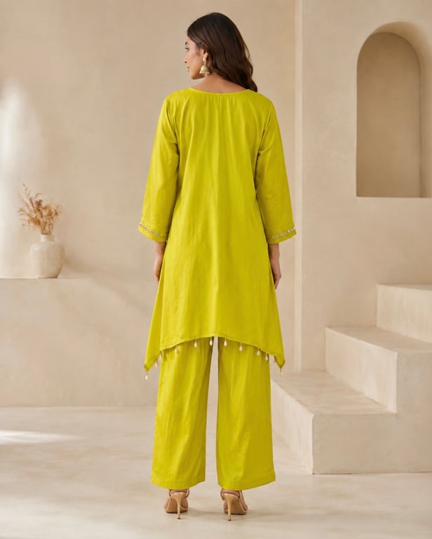 Lime Mirrorwork Asymmetric Kurta Set thumbnail 6
