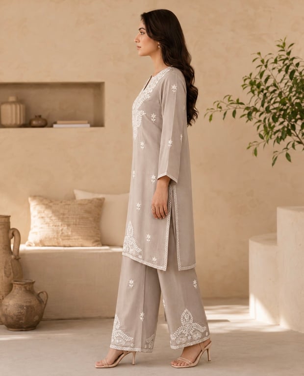 Floral Threadwork Kurta Pant Set thumbnail 2