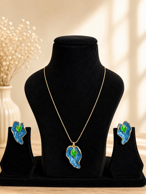 Blue & Green Abstract Leaf Necklace Set