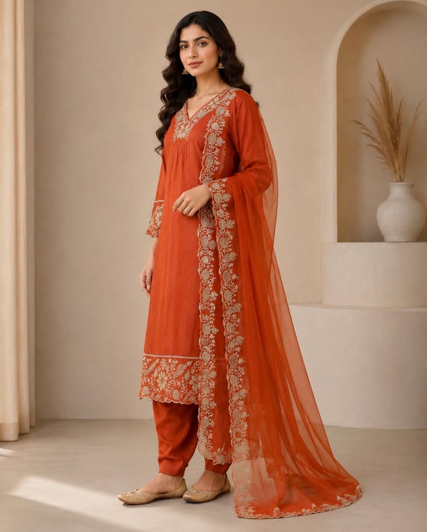 Burnt Sienna Embroidered Kurta Set thumbnail 4