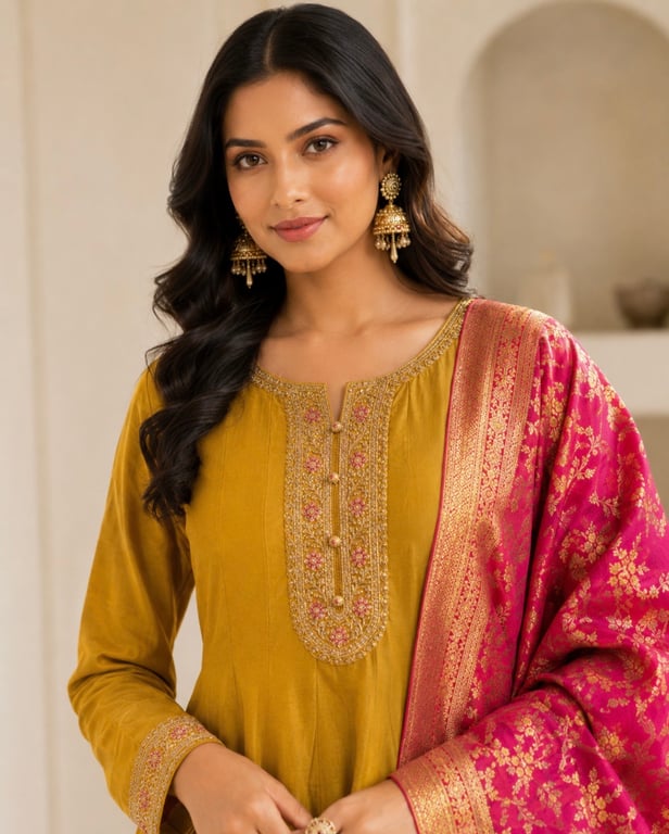 Mustard Rose Banarasi Anarkali Set thumbnail 5