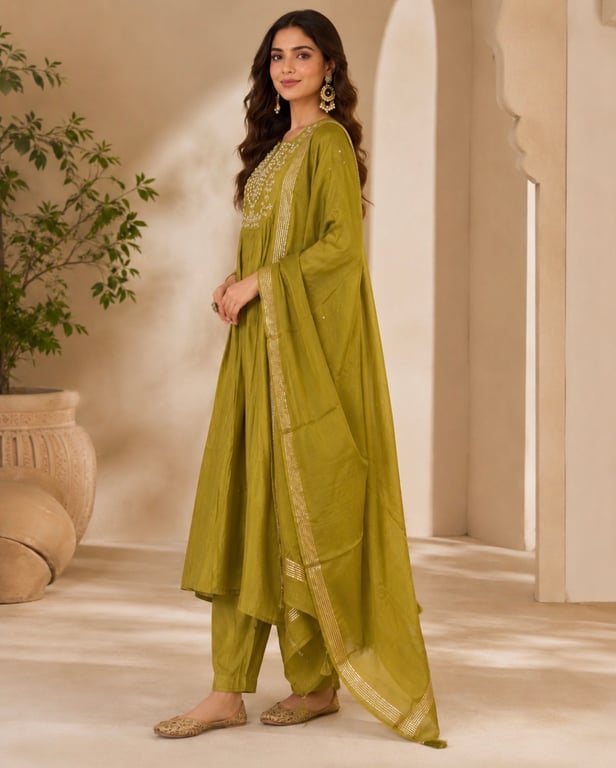 Olive Zari Embroidered Anarkali Set thumbnail 2