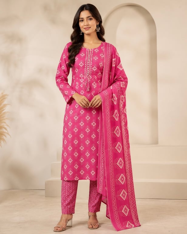 Geometric Motif Kurta Pant Dupatta Set