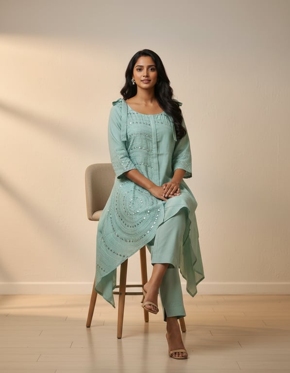 Mirror Embellished Asymmetric Kurta Pant Set thumbnail 2