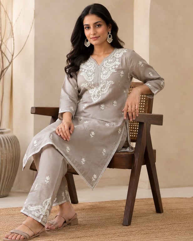 Floral Threadwork Kurta Pant Set