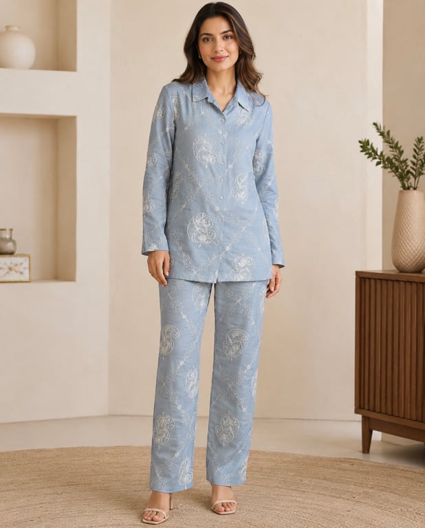 Paisley Embroidered Shirt & Pant Co-ord Set