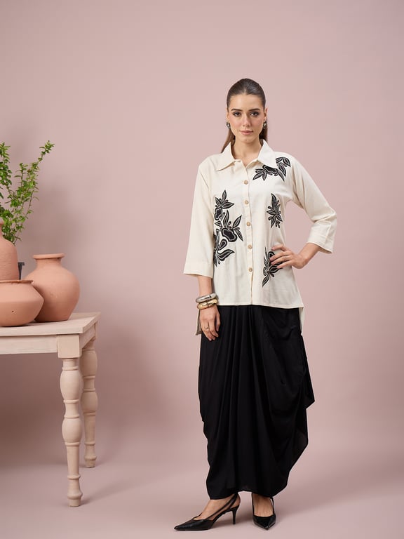 Floral Embroidered Shirt Skirt Set