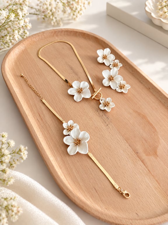 White Floral Cluster Necklace Set