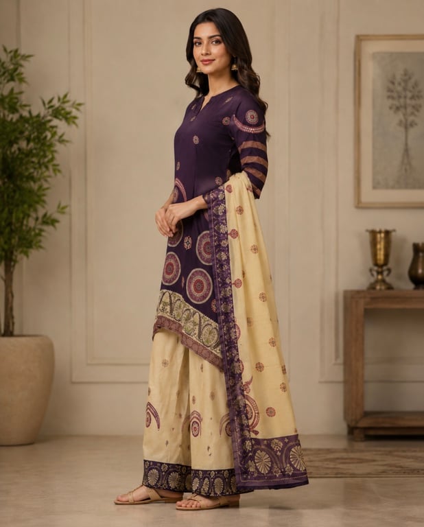 Heritage Medallion Asymmetric Kurta Palazzo Set thumbnail 2