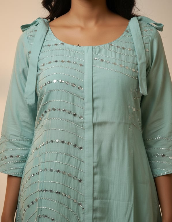 Mirror Embellished Asymmetric Kurta Pant Set thumbnail 3