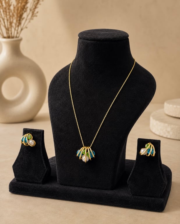 Pearl & Blue Shell Pendant Necklace Set thumbnail 2