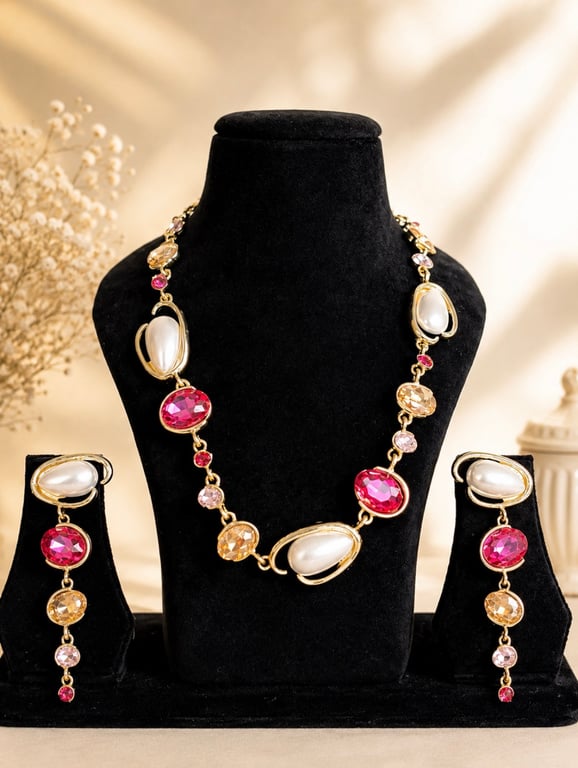 Pearl & Sapphire-Tone Gemstone Link Necklace Set