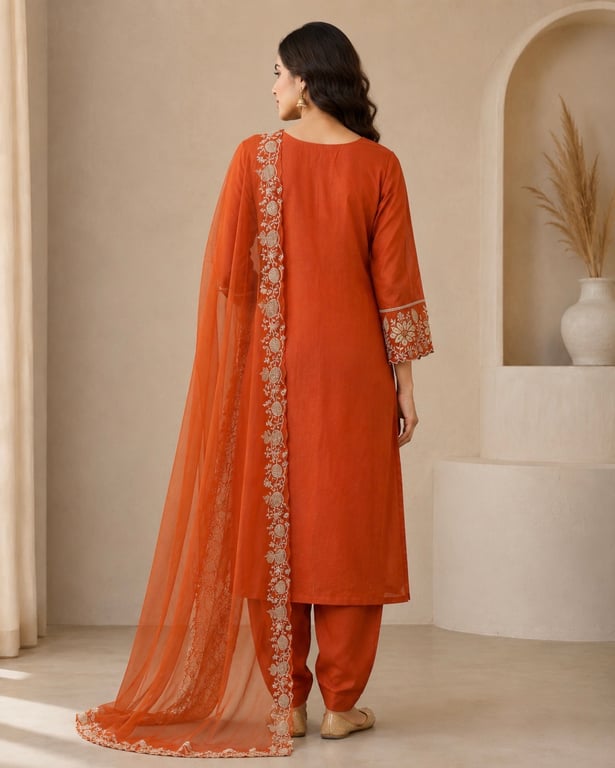 Burnt Sienna Embroidered Kurta Set thumbnail 6