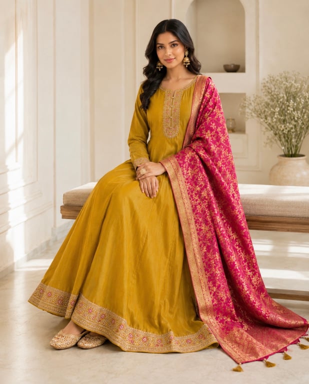 Mustard Rose Banarasi Anarkali Set thumbnail 3