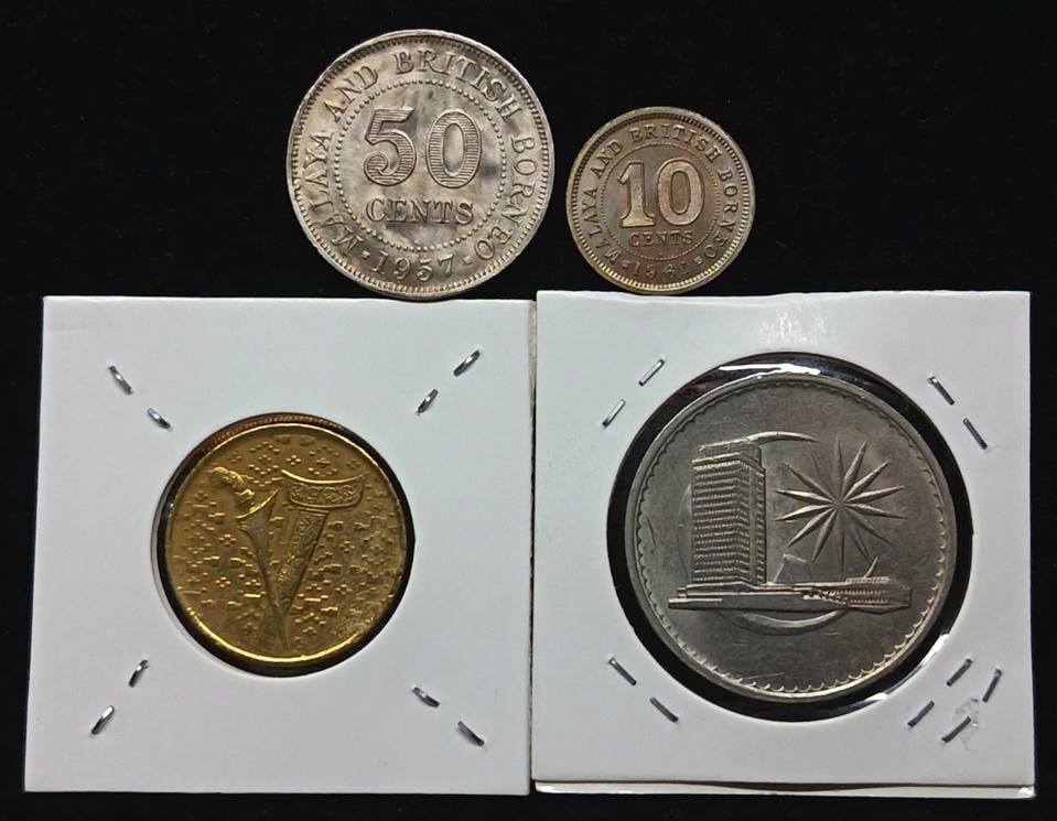 4pcs Mixed Lot: Malaya / Malaysia. 1961 / 1982 / 1957 / 1992 | 10 Cents / 50 Cents / 1 Ringgit | VF - AU | KM#2. KM#9. KM#4. KM#54