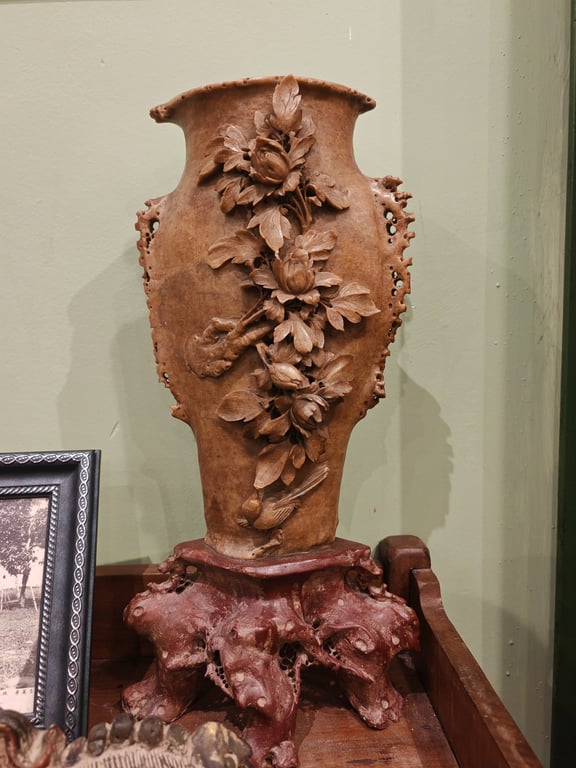 A Large Carved Soapstone Floral Vase