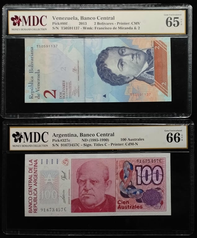 4pcs Mixed Lot: Match Attax / Malaysia / Argentina / Venezuela. 2024 / 1995 / 1985-1990 / 2013 | Dusan Tadic / 1 Ringgit / 100 Australes / 2 Bolivares | MDC 10 Gem Mint / MS 65 / 66 GPQ / 65 GPQ | Serial : CC8 & 91673457C & T50591137 | KM#64. P#327c. P#88f.