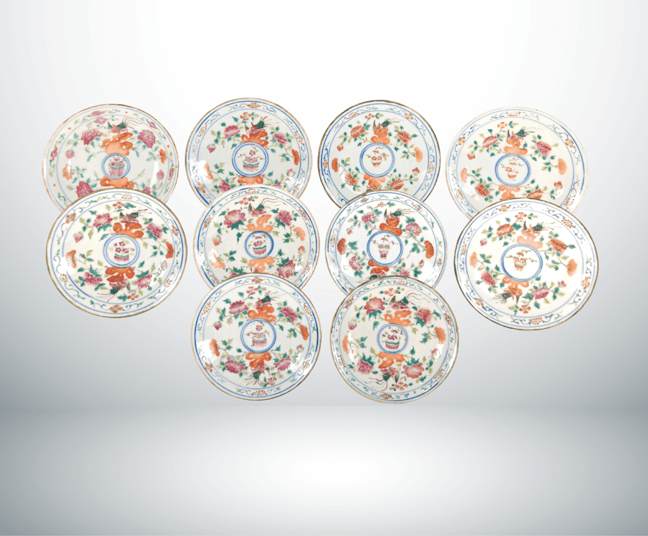 Late Qing Dynasty Famille Rose White Ground Pheasants Peony Kakiemon Style Nyonya Dishes
晚清 粉彩白地雉鸡牡丹柿右卫门款娘惹碟, Qty - 10