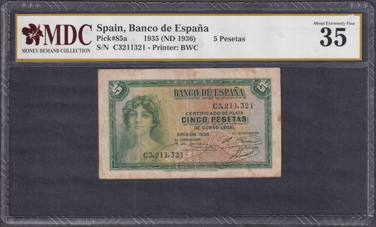 Spain, 1935, 5 Pesetas, Foreign Banknote, C3211321, MDC 35, Qty-1