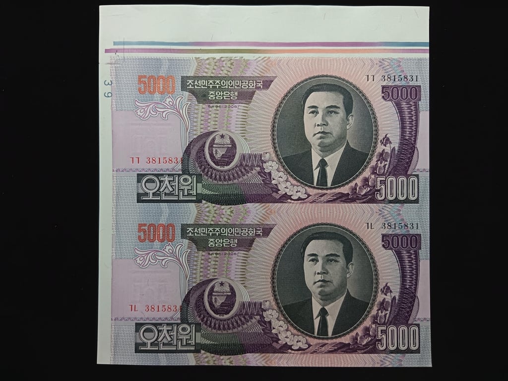 North Korea，5000 Won，2002 - 2006，3815831 ,UnCut 2 in 1，UNC，1 Qty 