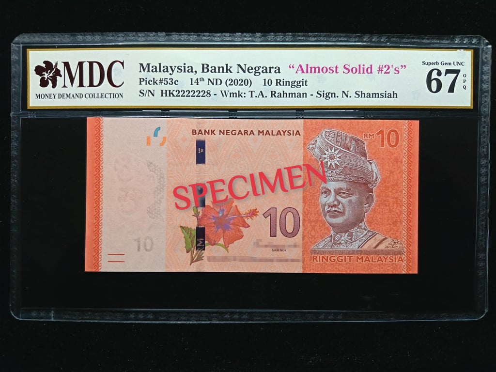 Malaysia，2020，10 Ringgit，HK2222228, Almosst Solid #2's，MDC 67 GPQ，1 Qty 